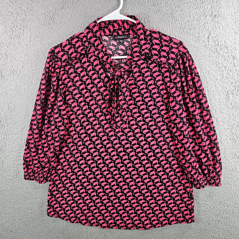Cocomo Women Pink Black Geometric Tie Neck Blouse 3/4 Sleeve Ruffle Size S